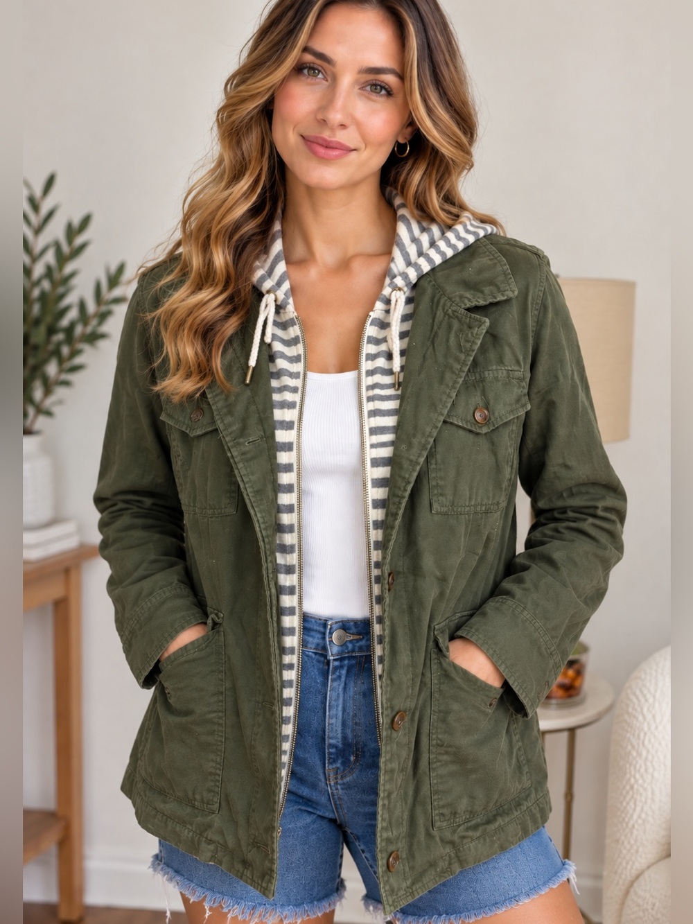 Forever 21 Contemporary Olive Green Utility Jacket with Striped Hood Size Large